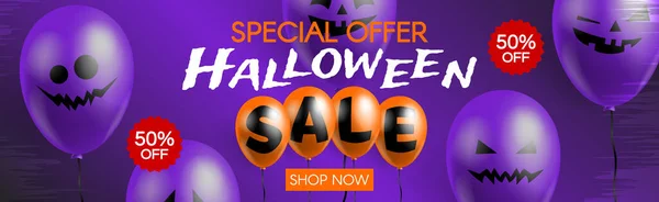 Halloween Försäljning Specialerbjudande Web Banner Med Ballonger Lila Bakgrund Vektor — Stock vektor