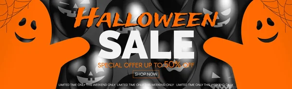 Halloween Försäljning Horisontella Web Banner Med Söta Orange Spöken Och — Stock vektor