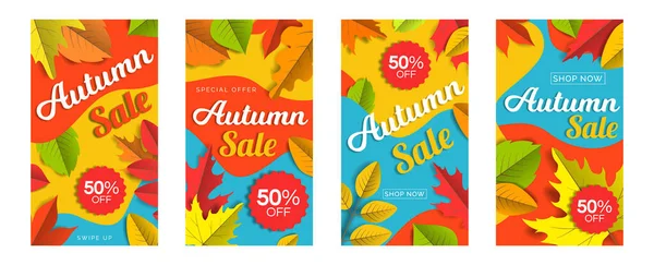 Venta Otoño Banners Verticales Conjunto Diseño Con Hojas Geométricas Formas — Vector de stock