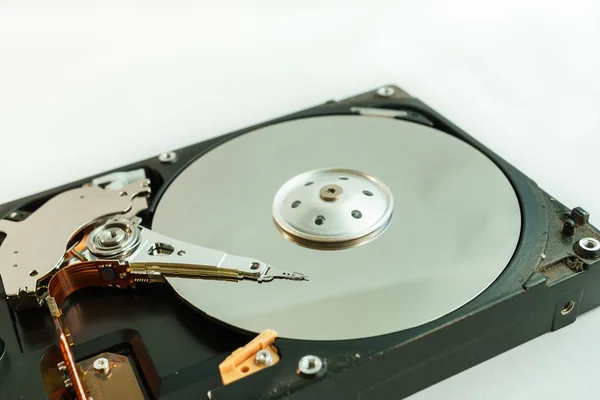 Closeup inside hard disk drive, data storage device — Stock Photo, Image