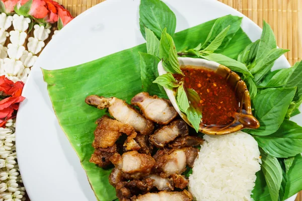 Gebratenes Schweinefleisch und Klebreis mit Sauce — Stockfoto