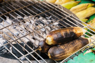 soba, bir kül üzerinde ızgara mısır yakın çekim