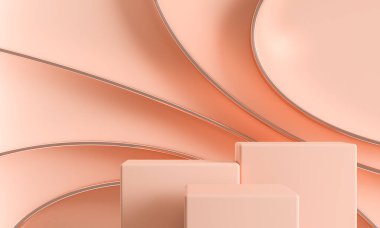 Parlak dairesel çizgileri olan üç açık renkli podyum reklam markalaştırma ve ürün sunumu için soyut arkaplan. 3d oluşturma