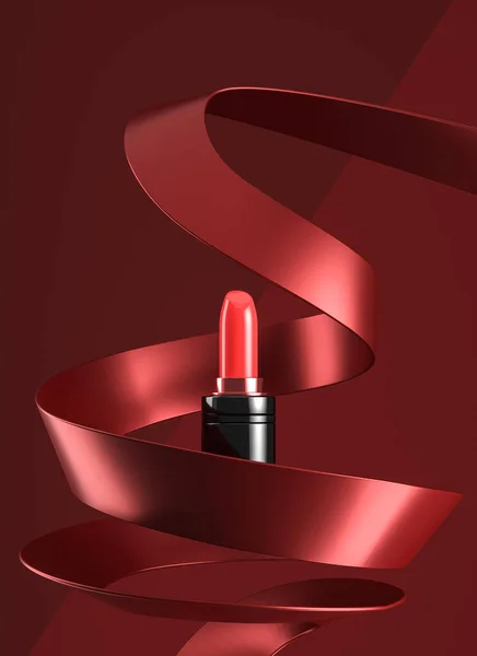 black lipstick red cream texture in the abstract sculpture red sway curve, abstract cosmetic background for ads branding and product presentation. 3d rendering