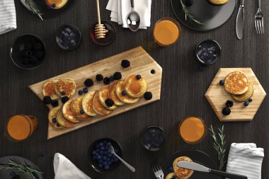 Siyah masada nefis bir krep. Tatlı konsepti. 3B görüntüleme.