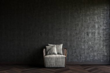 Siyah duvarın önündeki modern koltuk beton. tasarım kavramı.