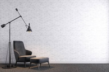 Beyaz tuğla duvarın önündeki modern mobilyalar. tasarım kavramı.
