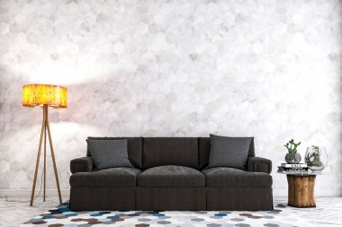 Beyaz mermer duvarın önündeki modern mobilyalar. tasarım kavramı.