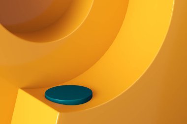 Soyut sarı eğri adım ve mavi dairesel taban, sunum için model zemin. 3d oluşturma