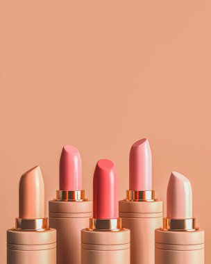 Krem arkaplanda beş ruj rastgele rengi, reklam markalaştırma ve ürün sunumu için minimum kozmetik arka plan. 3d oluşturma