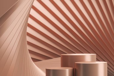 Üç şampanya basamaklı podyum, yüzey zigzag çarpık şampanya rengi. Markalaşma veya sunum için soyut bir arkaplan. 3d oluşturma