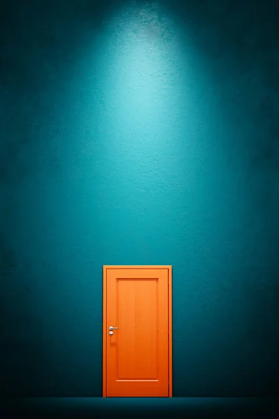 The orange door with the blue wall. Workspace for layout. 3D rendering.