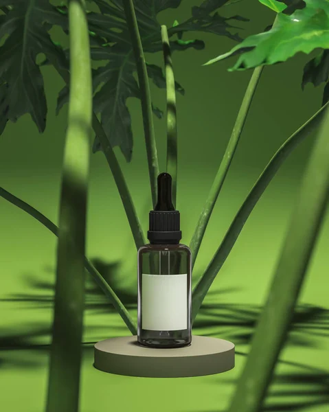Yeşil stüdyodaki üste sunum için serum düşürücü şişesi var. Ön planda bulanık bir bitki var. 3d oluşturma