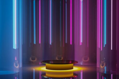Mavi ve mor eğimli cam tüpün ortasındaki altın daire sahnesi, sunum için soyut model. 3d oluşturma
