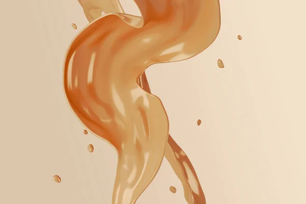 A brown liquid flowing from a height, abstract background for food snacks or beverages. 3d rendering
