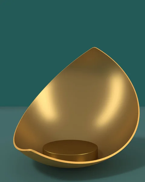 Altın bir kâsede yuvarlak kahverengi bir taban, kıvrımlı bir şekil, bulanık bir arka plan, ürün sunumu için minimum arkaplan. 3d oluşturma