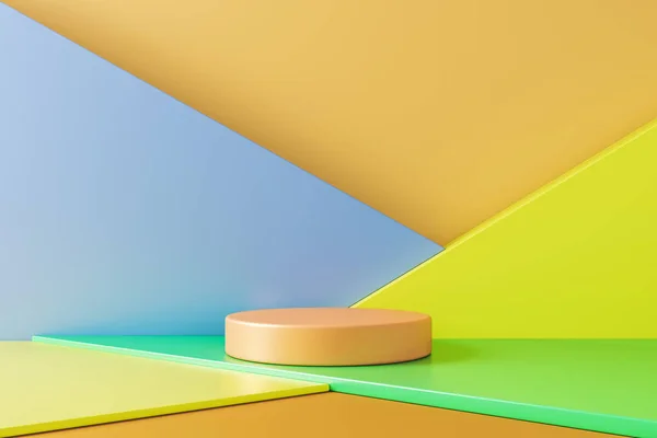Ürün sunumu için en düşük model arka plan, çeşitli renkli geometrik şekillere sahip bej dairesel geometri tabanı. 3d oluşturma