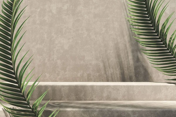Ürün sunumu için minimalist model arka plan, açık kahverengi çimento basamağı ve duvar, güneş ışığı ve palmiye yaprağı gölgesi. 3d oluşturma