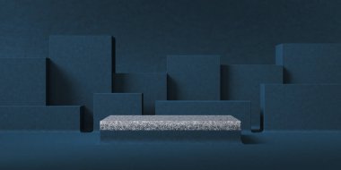 Ürün sunumu için soyut arkaplan, koyu mavi kat arkaplan önünde gri mermer model platform. 3d oluşturma