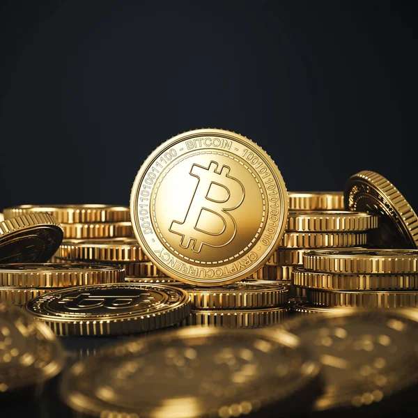Mockup Golden Bitcoins (BTC) sikkeleri ön plan ve arkaplan bulanık. Şifreli para piyasası, döviz kurları tanıtım ve reklam amaçlı. 3d oluşturma