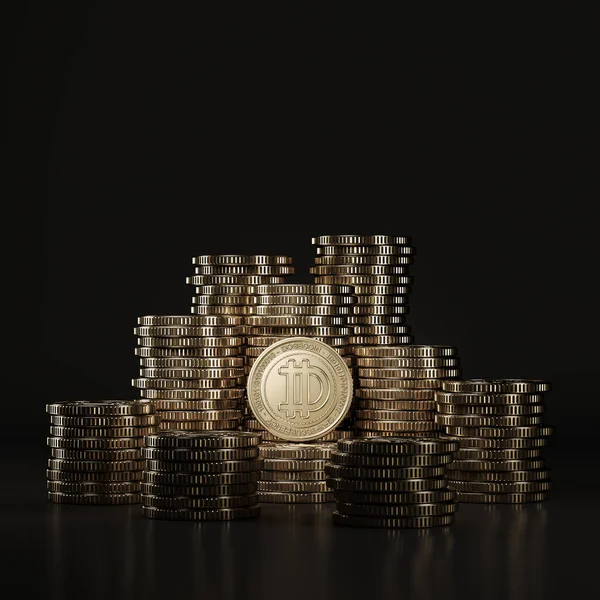 Golden Dogecoine Doge Coins Pile Black Scene Mockup Digital Currency — Stock Photo, Image