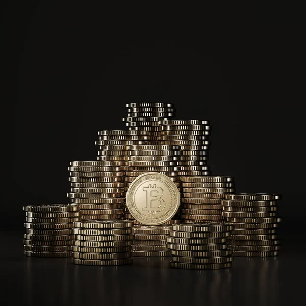 Monedas Bitcoin Oro Btc Pila Escena Negra Maqueta Moneda Moneda — Foto de Stock