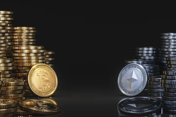 Una Pila Monedas Criptomoneda Entre Bitcoin Btc Ethereum Eth Una — Foto de Stock