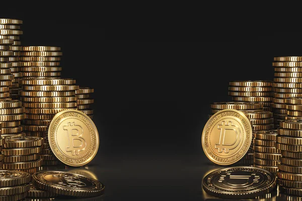 Una Pila Monedas Criptomoneda Entre Bitcoin Btc Dogecoin Doge Una — Foto de Stock