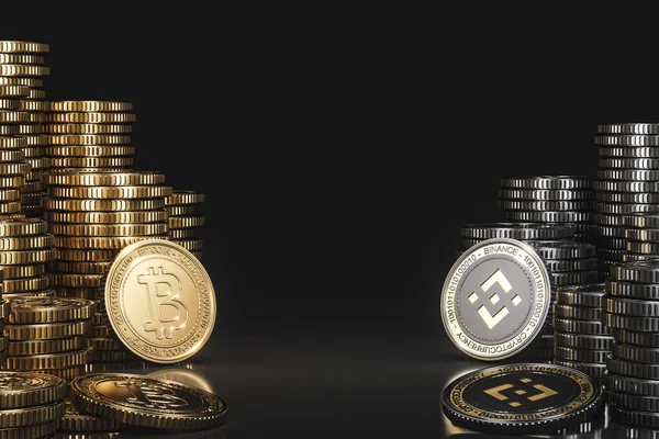 Siyah bir sahnede Bitcoin (BTC) ve Binance (BNB) arasındaki bir yığın kripto para, finansal, jeton döviz tanıtımı ve reklam amaçlı dijital para modeli. 3d oluşturma