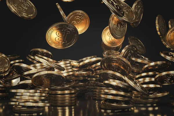 Monete Oro Bitcoin Btc Che Cadono Dall Alto Nella Scena — Foto Stock