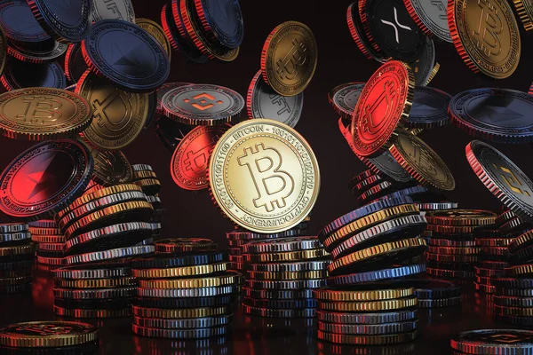 Kryptowährungsmünzen Die Der Schwarzen Szene Von Oben Fallen Attrappen Digitaler — Stockfoto