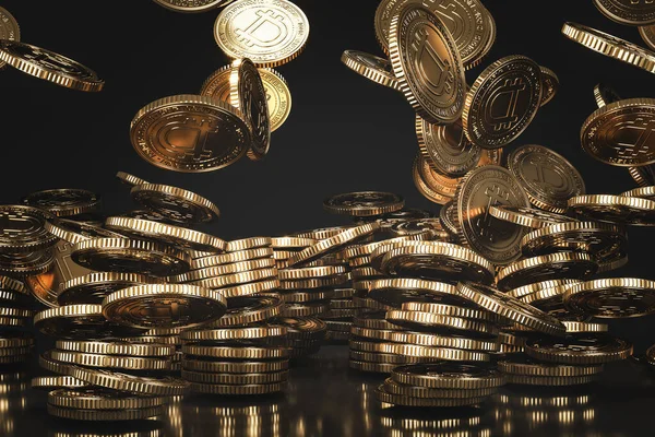 金狗金币 Golden Dogecoin Doge 硬币从上方掉到黑色场景中 为金融 代币兑换促销 广告目的模仿数字货币硬币 3D渲染 — 图库照片