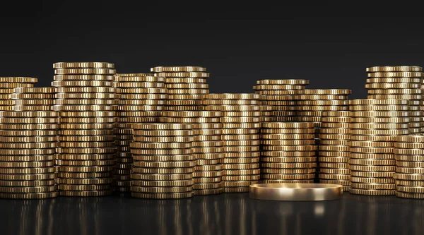 Fundo Mockup Para Apresentação Financeira Plataforma Ouro Entre Moedas Ouro — Fotografia de Stock