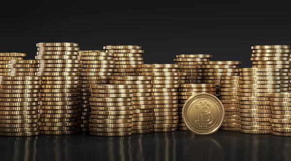 作为财务列报的背景模型 黄金比特币 Golden Bitcoin Btc 在金币之间堆叠在不同的位置上 3D渲染 — 图库照片