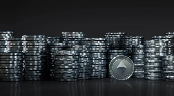 作为财务列报的背景模型 银币之间的银质以太 Eth 堆叠在不同的位置上 3D渲染 — 图库照片