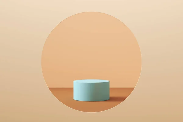 Ürün sunumu için minimalist model arka plan dairesel bir alanda mavi silindir podyumu, pastel renk tarzı. 3d oluşturma