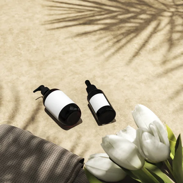Dos Botellas Cosméticas Sobre Cemento Marrón Tela Flor Blanca Primer — Foto de Stock