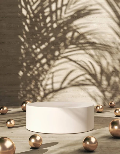 White Cylindrical Platform Many Balls Shiny Tropical Plants Shade Background — Stock Photo, Image