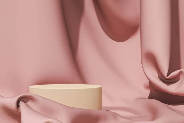 Pembe kumaş üzerindeki bej platform, markalaşma veya ürün sunumu için soyut arkaplan. 3d oluşturma