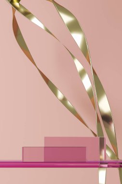 Ürün sunumu ya da markalaşması için soyut arka plan, pembe cam tabanlı pembe cam platform, altın metal çizgi eğrisi destekleri. 3d oluşturma