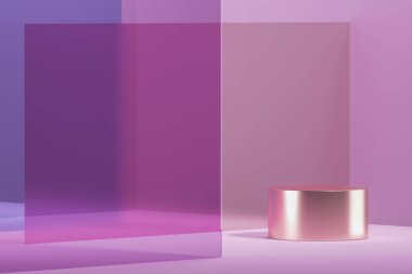 Ürün sunumu veya markalaşması için soyut arka plan, şampanya metal platformu ve mor cam yığını. 3d oluşturma