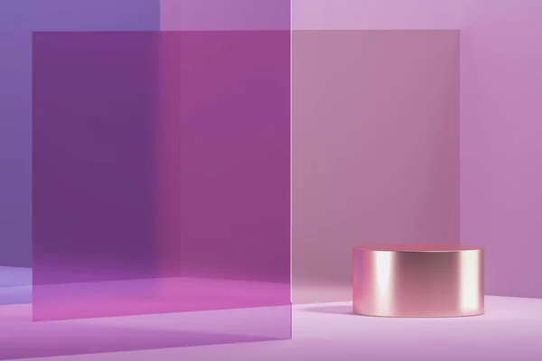 Ürün sunumu veya markalaşması için soyut arka plan, şampanya metal platformu ve mor cam yığını. 3d oluşturma