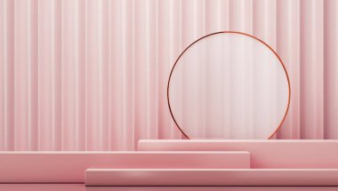 Pembe zigzag arka planda üç pembe platform, markalaştırma veya sunum için soyut arkaplan. 3d oluşturma