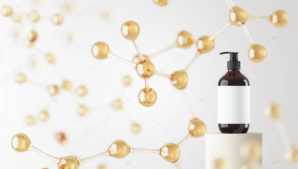 Mockup pump bottle on platform and blur molecules background, abstract background for cosmetic presentation or branding. 3d rendering