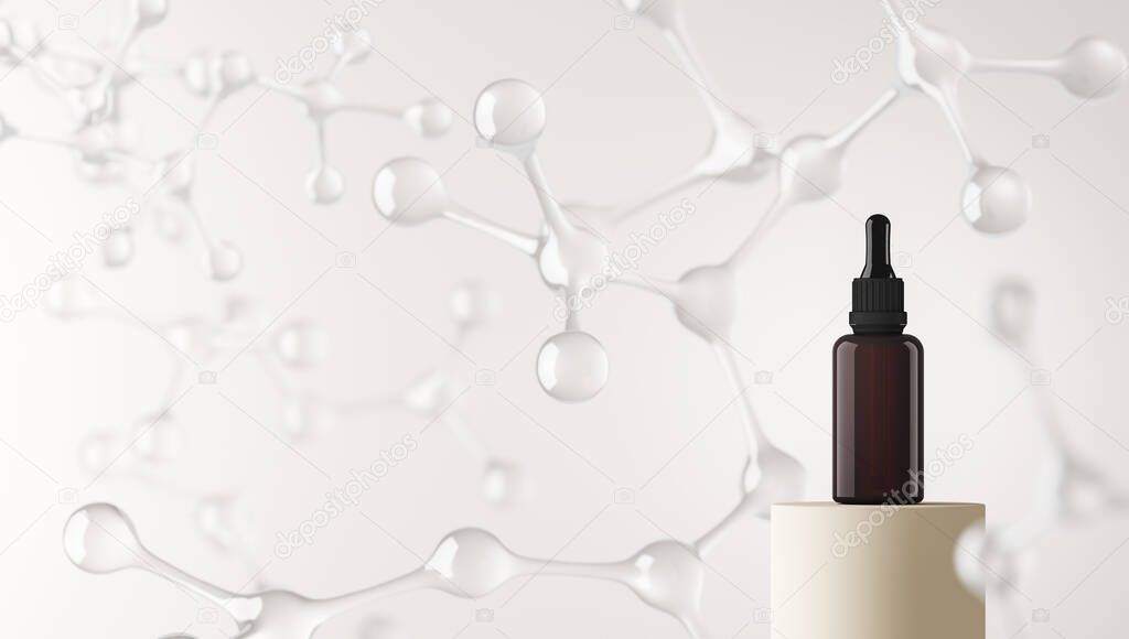 Mockup dropper bottle on platform and blur molecules background, abstract background for cosmetic presentation or branding. 3d rendering
