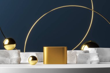 Beyaz platform altın toplar ve yüzük üzerine altın podyum sunum veya reklam için soyut bir arka plan. 3d oluşturma