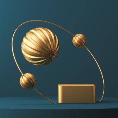 Mavi platformdaki altın podyum yüzüğü ve toplar sunum ya da reklam için soyut arkaplan. 3d oluşturma