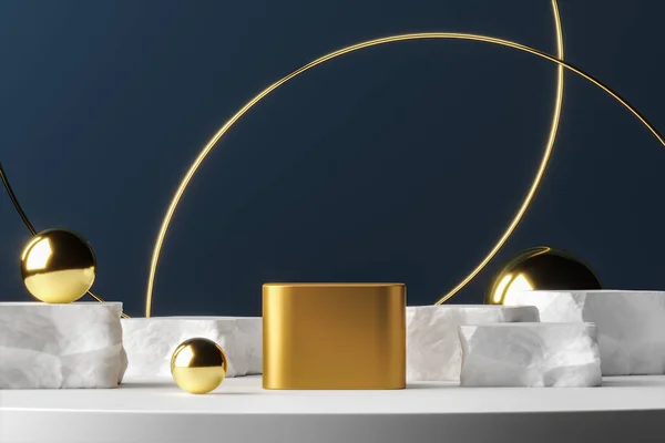 Beyaz platform altın toplar ve yüzük üzerine altın podyum sunum veya reklam için soyut bir arka plan. 3d oluşturma
