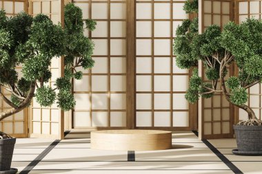 Japonya odasındaki ahşap silindir platformu, panellerde parlayan dev bonsai ağaçları ve güneş ışığı. Ürün sunumu ya da reklamlar için soyut bir arkaplan. 3d oluşturma