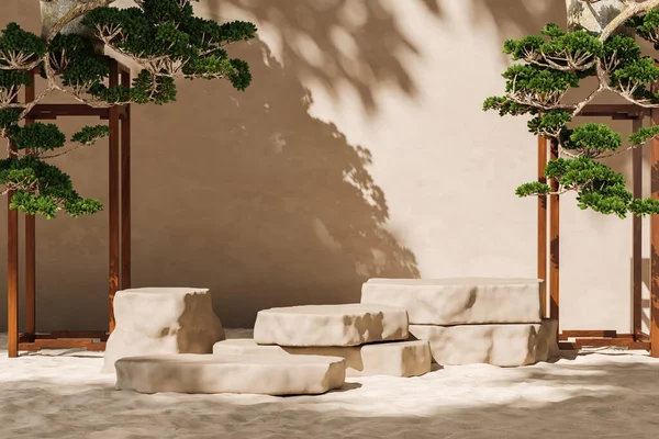 Kum ve bonsai üzerine istiflenmiş taş levhalar, bej duvarda güneşlik gölgeler ürün sunumu veya reklamlar için soyut arkaplan. 3d oluşturma